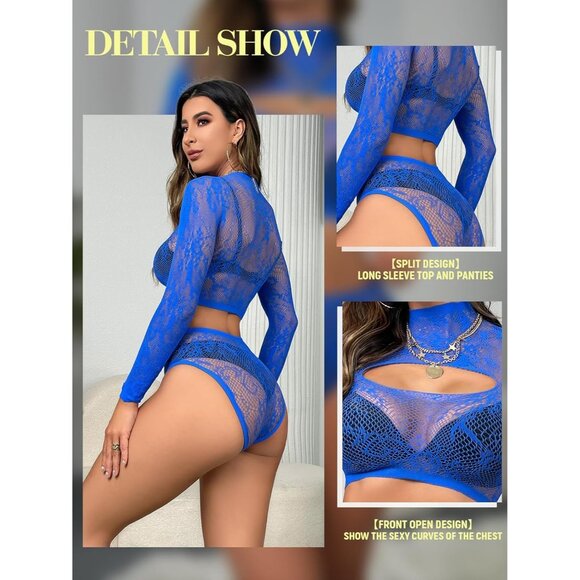 Women's Blue Lingerie Imported Front Open Bodysuit Sexy Nightwear Pajamas Set - Picture 2 of 6